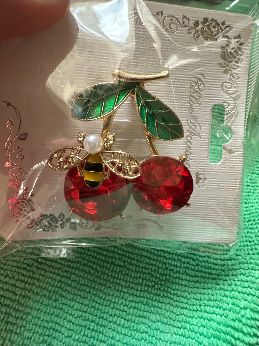 Gold Bee and Red Cherry Enamel Brooch